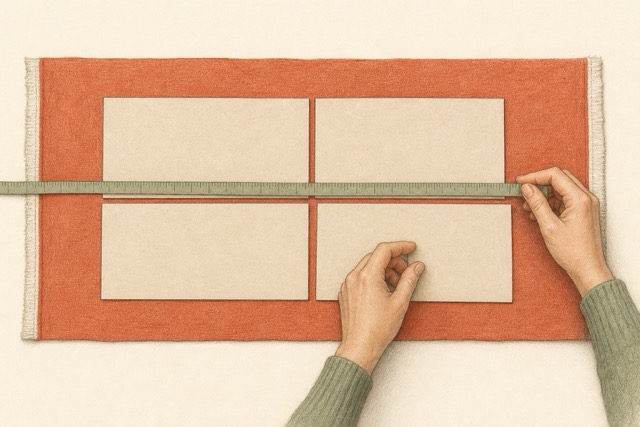 Cuatro piezas rectangulares colocadas eficientemente dentro del ancho útil de una tela