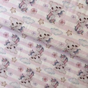 Algodón estampado · unicornios sobre rayas rosas · detalle 2