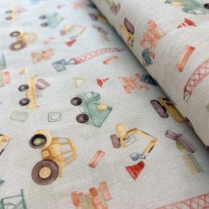 Algodón estampado · vehículos de obra en acuarela