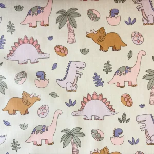 Algodón estampado con dinosaurios tropicales